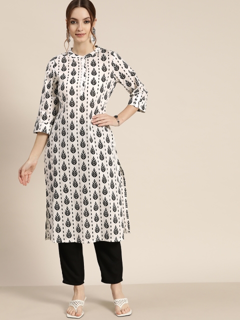 

Moda Rapido Women White & Black Cotton Ethnic Motifs Printed Straight Kurta