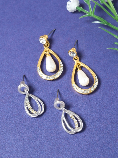 

Golden Peacock Set Of 2 Teardrop Shaped Drop Earrings, Silver