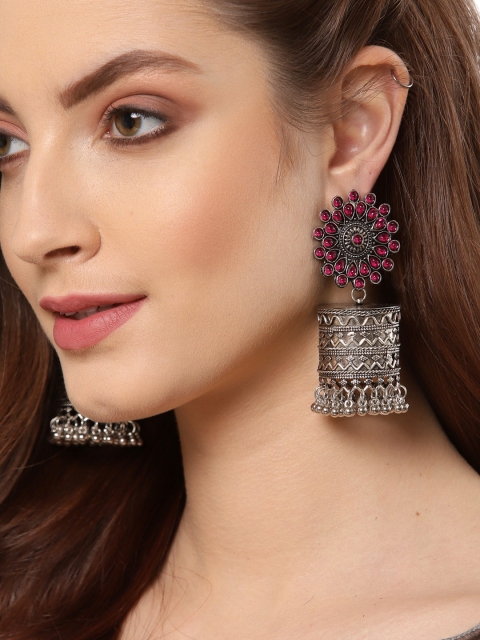 

Shining Diva Silver-Plated Oxidised Contemporary Jhumkas Earrings, Multi