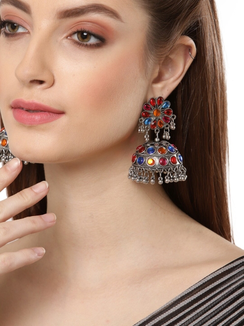 

Shining Diva Multicoloured Dome Shaped Oxidised Jhumkas Earrings, Multi