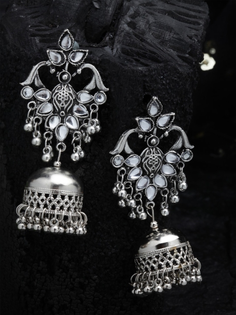 

Shining Diva Silver-Plated Oxidised Dome Shaped Jhumkas Earrings