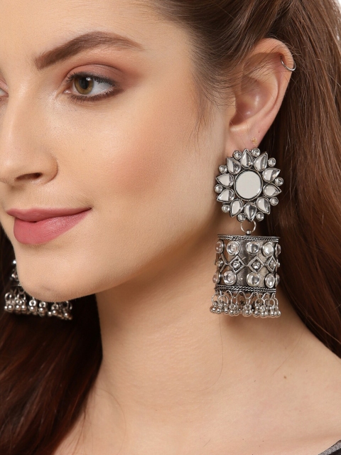 

Shining Diva Silver-Toned Oxidised Contemporary Jhumkas Earrings