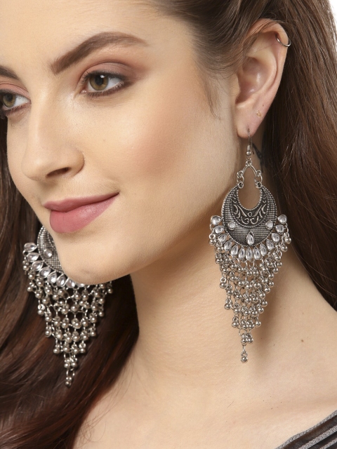 

Shining Diva Silver-Toned Oxidised Contemporary Chandbalis Earrings