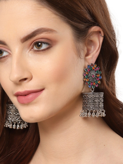 

Shining Diva Multicoloured Oxidised Contemporary Jhumkas Earrings, Multi