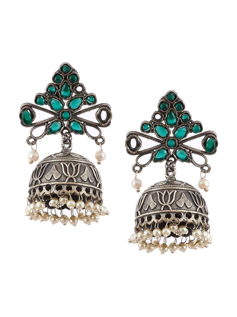 

Rangriti Green & Silver-Toned Dome Shaped Jhumkas Earrings