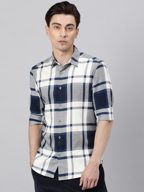 

RARE RABBIT Men White & Navy Blue Slim Fit Tartan Checked Casual Shirt