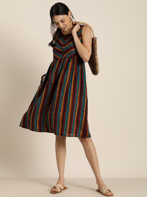

Taavi Multicoloured Woven Legacy Striped Sustainable Pure Cotton A-Line Dress with Pocket, Multi