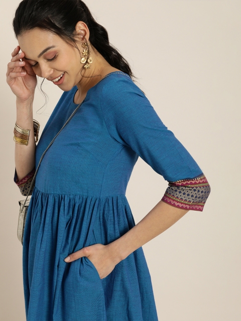 

Taavi Blue Woven Legacy Sustainable Pure Cotton A-Line Midi Dress with Pocket
