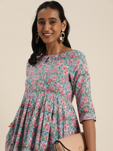 

Taavi Turquoise Blue & Pink Sanganeri Hand Block Print Floral Dress with Side Pocket