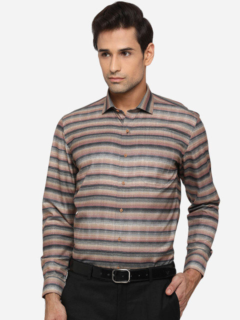 

Greenfibre Men Black & Brown Slim Fit Opaque Striped Pure Cotton Party Shirt