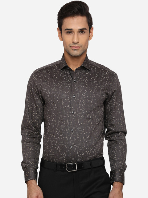 

Greenfibre Men Grey & White Slim Fit Opaque Printed Pure Cotton Party Shirt