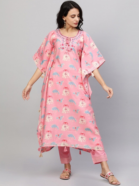 

FASHOR Women Pink Floral Printed Regular Kurta with Trousers