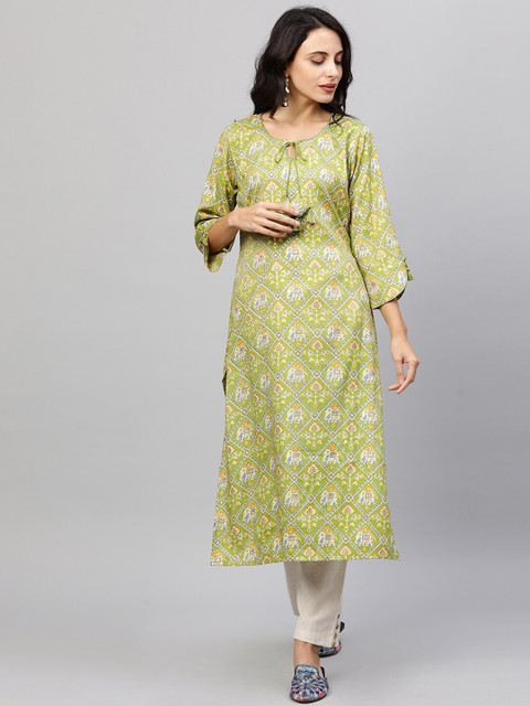 

FASHOR Women Green Ethnic Motifs Printed Regular Kurta with Trousers