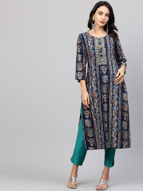 

FASHOR Women Navy Blue Ethnic Motifs Printed Kurta