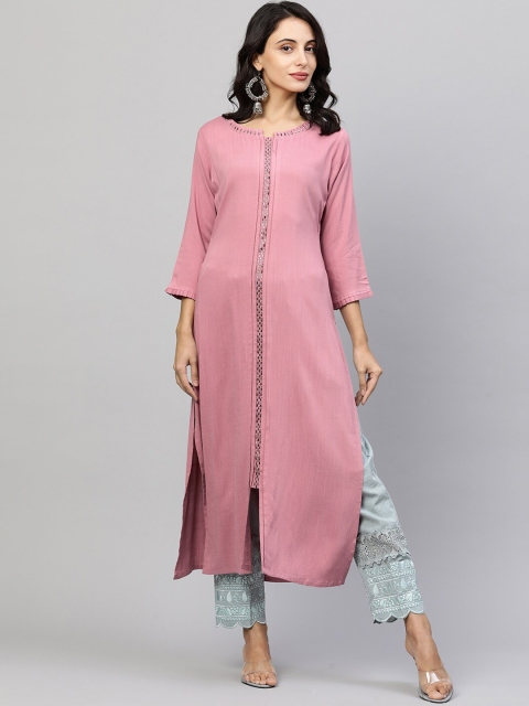 

FASHOR Women Lavender Colourblocked Flared Sleeves Thread Work Kurta