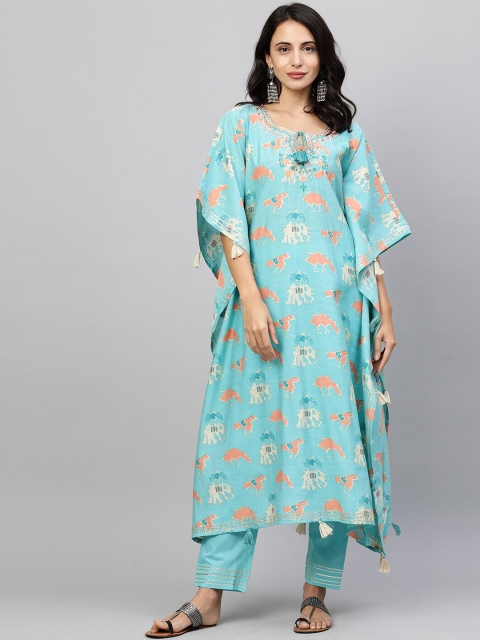 

FASHOR Women Blue Floral Printed Panelled Gotta Patti Kurta with Trousers