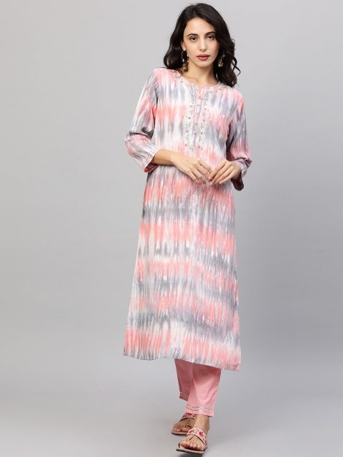 

FASHOR Women Peach-Coloured Tie-dye Printed Regular Kurta with Trousers
