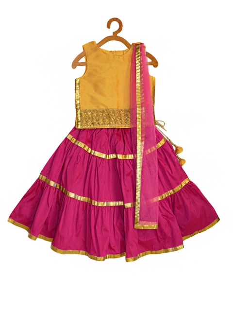 

A T U N Girls Yellow & Fuchsia Embroidered Ready to Wear Lehenga & Blouse With Dupatta