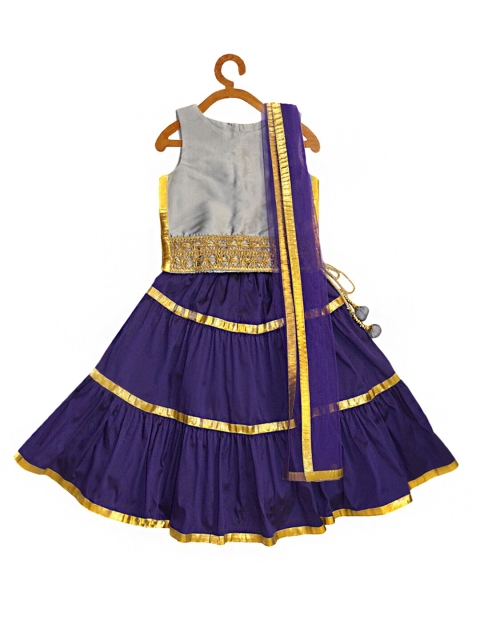 

A T U N Girls Purple & Grey Embroidered Ready to Wear Lehenga & Blouse With Dupatta