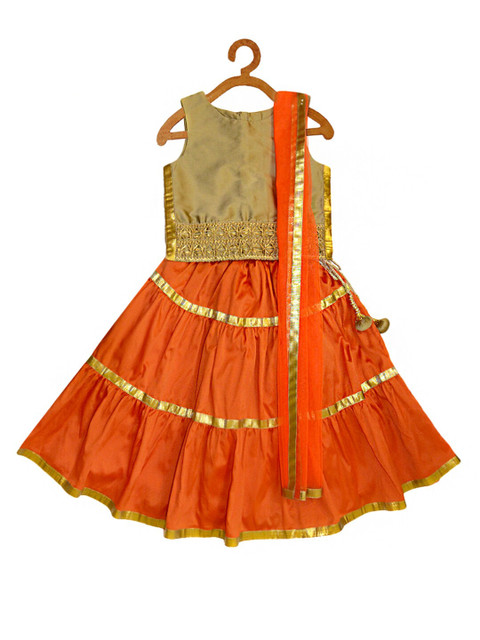 

A T U N Girls Orange & Gold-Toned Embroidered Ready to Wear Lehenga & Blouse With Dupatta