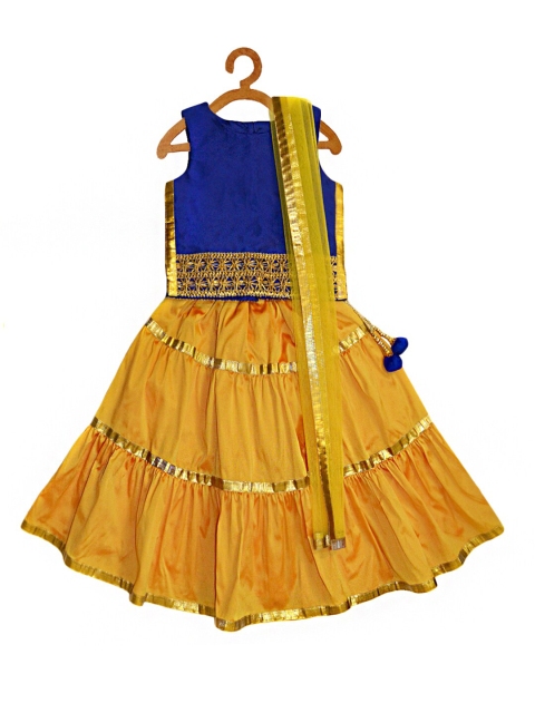 

A.T.U.N. Girls Blue & Yellow Embroidered Ready to Wear Lehenga & Blouse With Net Dupatta