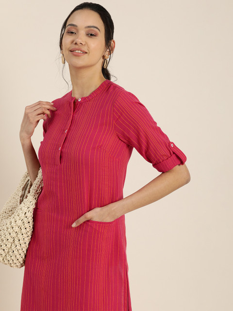 

Taavi Women Pink & Yellow Woven Legacy Striped Pure Cotton Sustainable Kurta