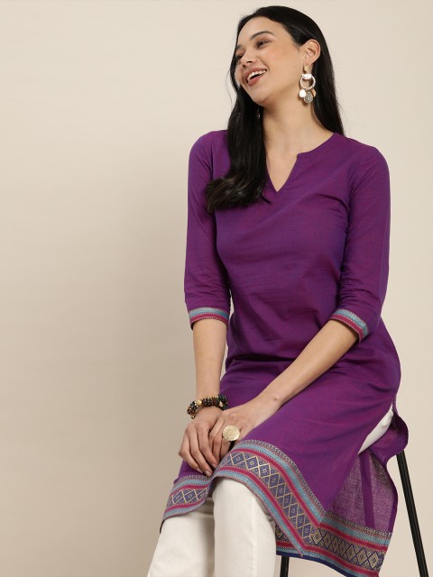 

Taavi Women Purple Solid Woven Legacy Pure Cotton Kurta With Printed Border