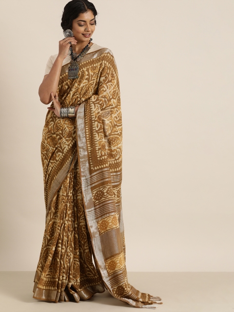 

Taavi Brown & Beige Dabu Handblock Print Paisley Saree