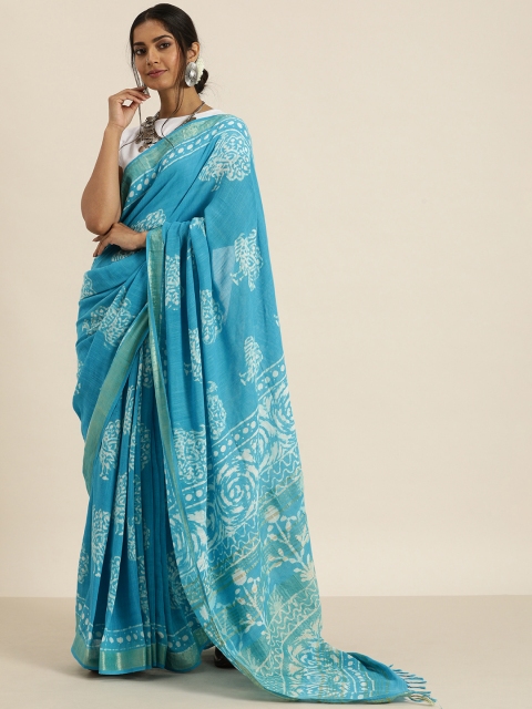 

Taavi Blue & White Handblock Print Ethnic Motifs Saree
