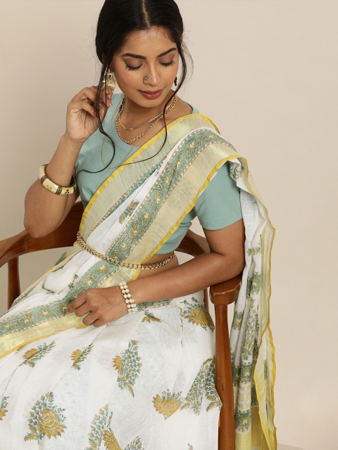 

Taavi White & Blue Sanganeri Ethnic Motifs Print Saree