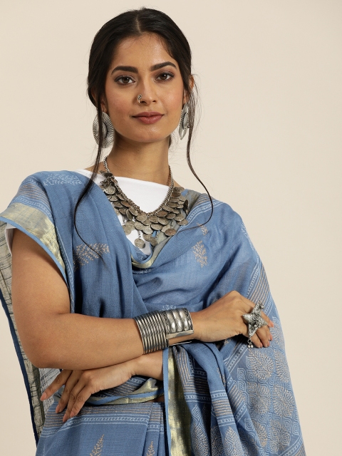 

Taavi Blue & Golden Khari Ethnic Motifs Printed Saree