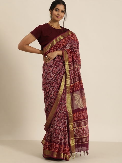 

Taavi Red & Orange Bagru Print Saree with Tassels