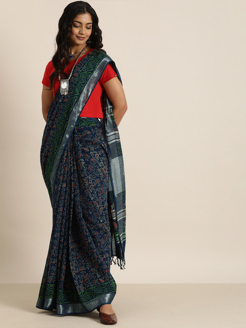 

Taavi Blue & Red Bagru Hand Block Print Saree
