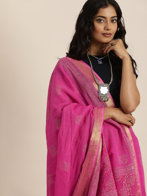 

Taavi Pink & Gold Festive Gold Khadi Print Sustainable Saree