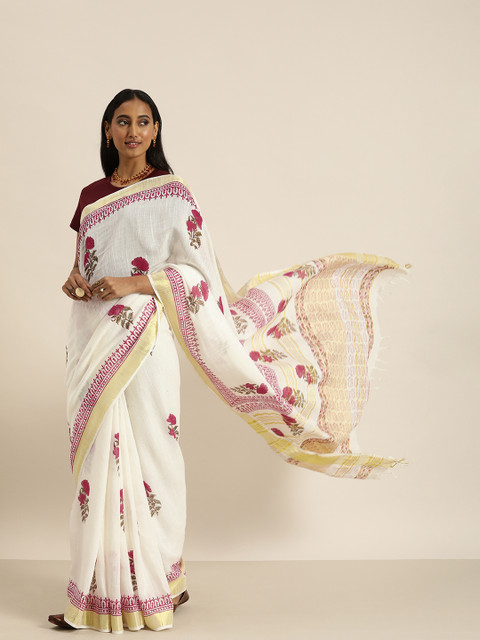 

Taavi White & Pink Sanganeri Block Print Sustainable Saree