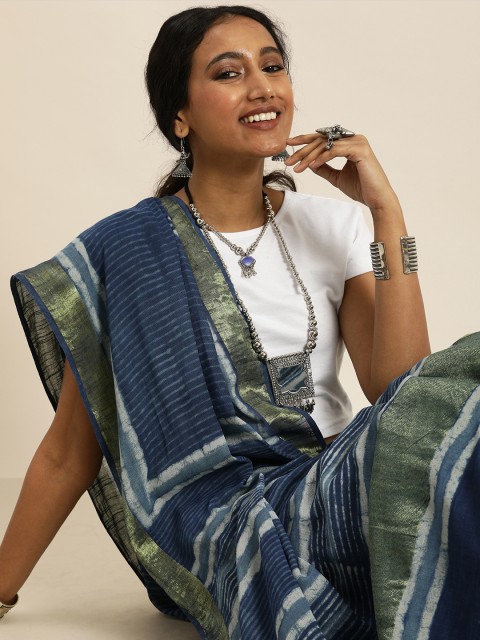 

Taavi Blue & White Indigo Hand Block Print Saree