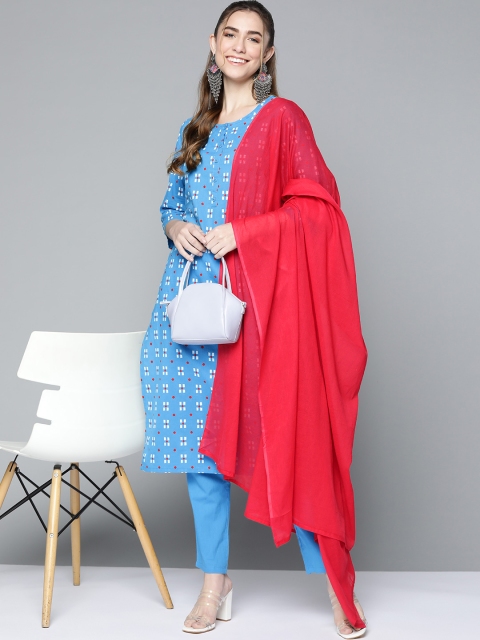 

HERE&NOW Women Blue Printed Pure Cotton Kurta with Trousers & With Dupatta