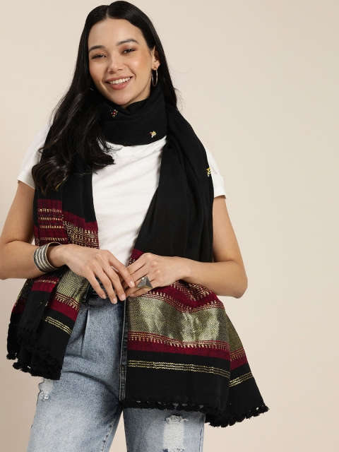 

Taavi Women Black Woven-Design Bhujodi Shawls