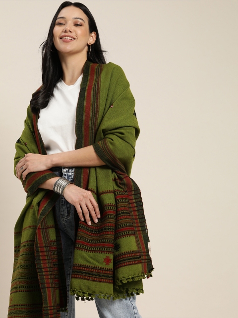 

Taavi Women Green Woven-Design Bhujodi Shawls