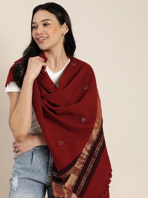 

Taavi Women Red & Brown Embroidered Bhujodi Shawl With Mirror Work