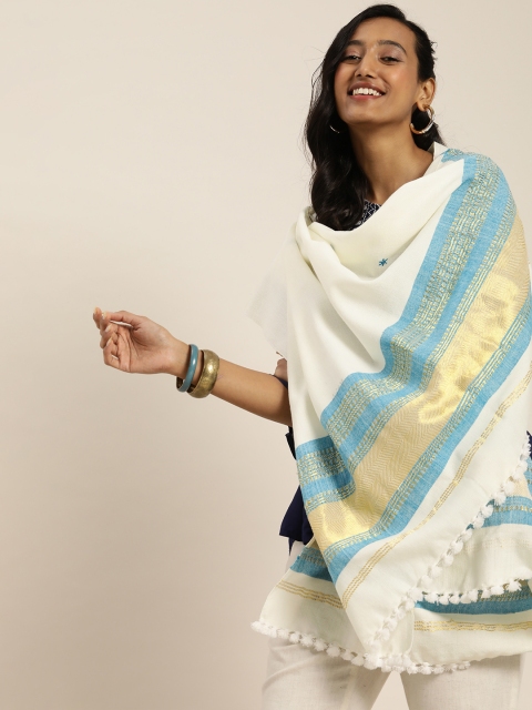 

Taavi Women White & Blue Embroidered Bhujodi Shawl With Mirror Work