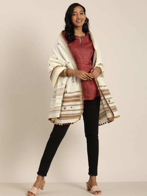 

Taavi Women White & Maroon Embroidered Bhujodi Shawl With Mirror Work