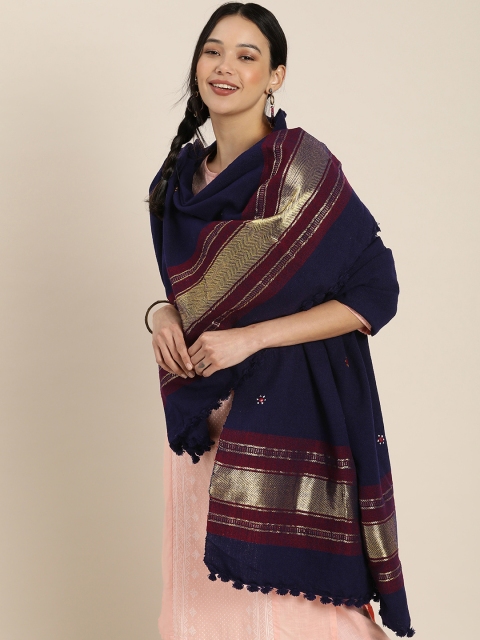 

Taavi Women Navy Blue & Red Embroidered Bhujodi Shawl With Mirror Work