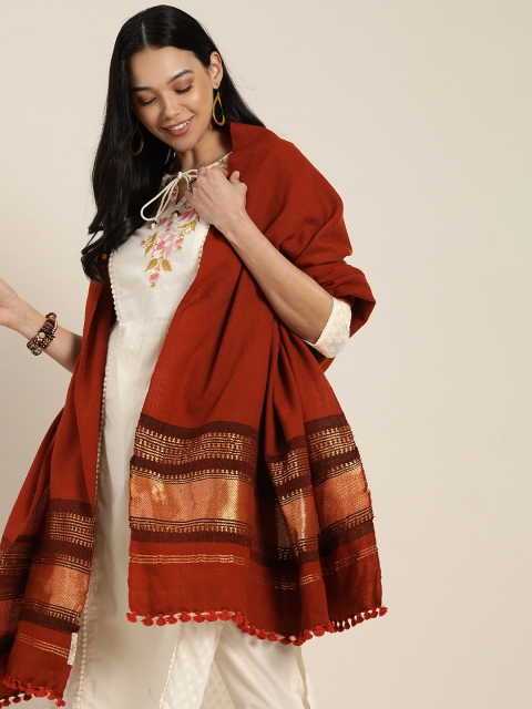 

Taavi Women Red & Brown Printed Bhujodi Shawl with Tassels