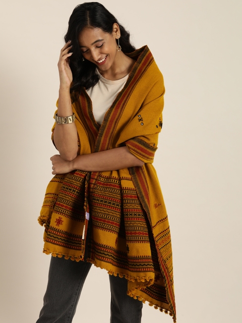 

Taavi Women Mustard Yellow & Maroon Embroidered Bhujodi Shawl With Mirror Work