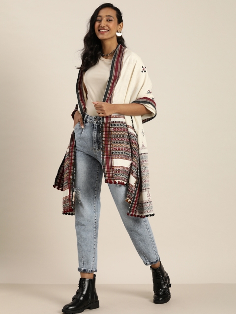 

Taavi Women White & Red Embroidered Bhujodi Shawl With Mirror Work