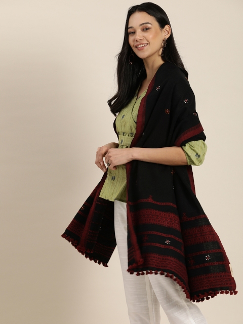 

Taavi Women Black & Maroon Bhujodi Woven Design Shawl