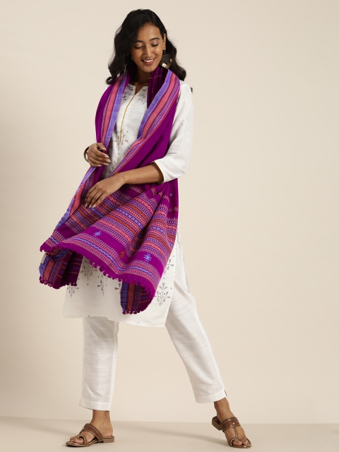 

Taavi Women Purple & Blue Embroidered Bhujodi Shawl With Mirror Work