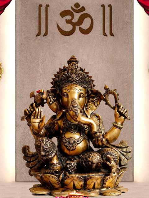 

eCraftIndia Gold-Toned Lord Ganesha with Mukhut on Lotus Base Antique Look Handcrafted Premium Brass Idol