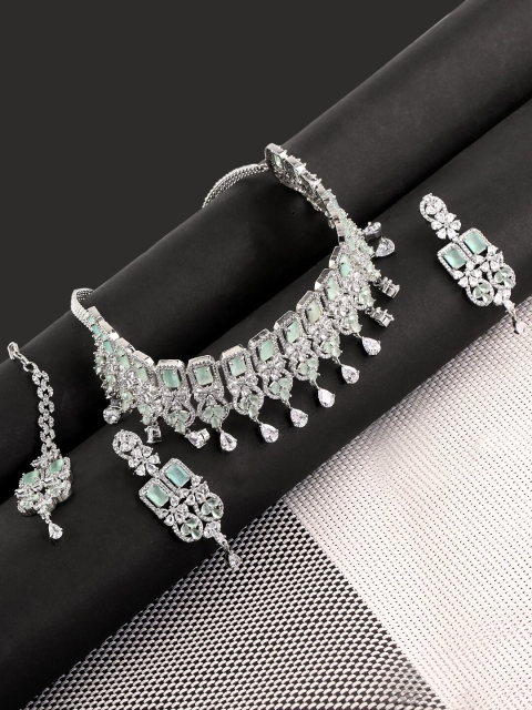 

Voylla Woman Silver Aquamarine Maang Tikka Set